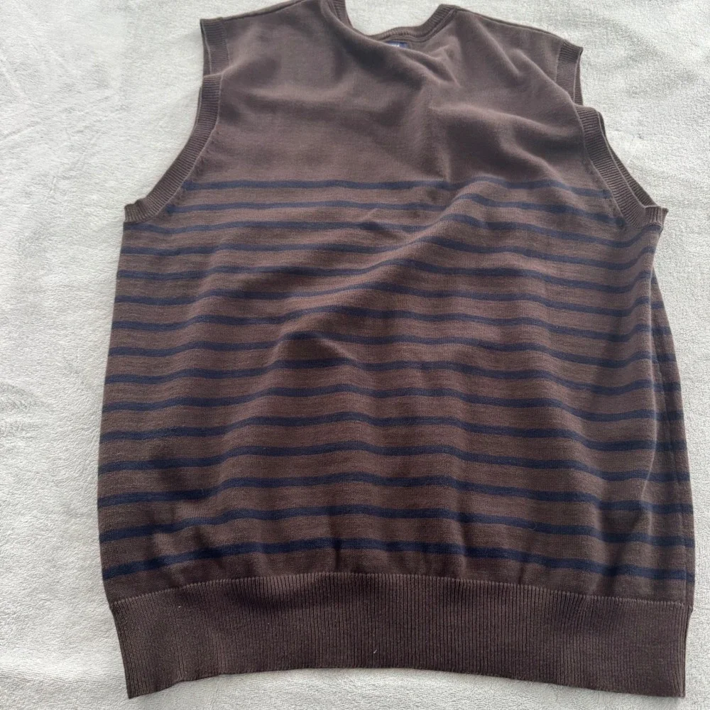 Nautica Men's V-Neck Sweater Vest Brown Navy Blue Striped 100% Cotton Size Large